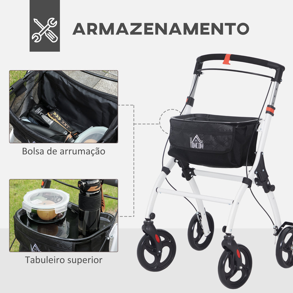 Andarilho para Idosos Dobrável de Alumínio Andador para Pessoas Maiores com 4 Rodas e Bandeja Andarilho com Altura Ajustável Travão e Bolsa de Transporte 64,5x54x90-102 cm Preto e Branco — foto 4