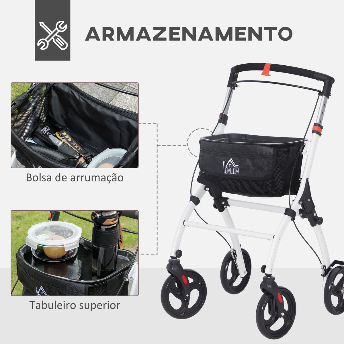 Andarilho para Idosos Dobrável de Alumínio Andador para Pessoas Maiores com 4 Rodas e Bandeja Andarilho com Altura Ajustável Travão e Bolsa de Transporte 64,5x54x90-102 cm Preto e Branco — foto 4