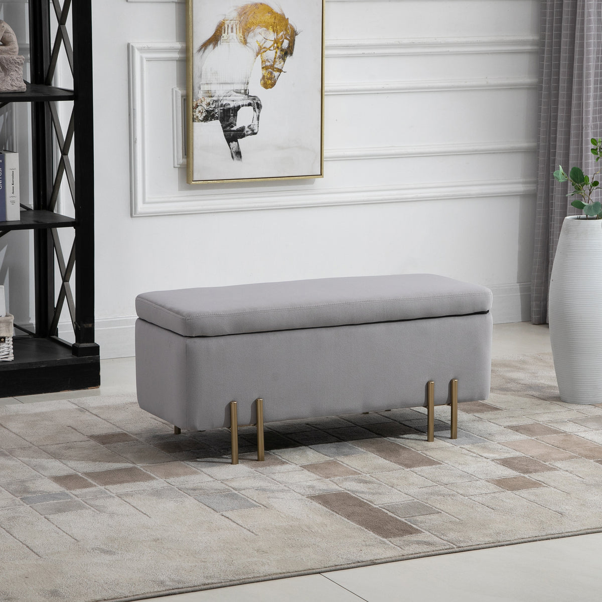 Banco Pé de Cama para Dormitório 70L Banco de Armazenamento em Veludo Pés de Metal para Entrada Sala de Estar 100x40x42 cm Cinza Claro — foto 2