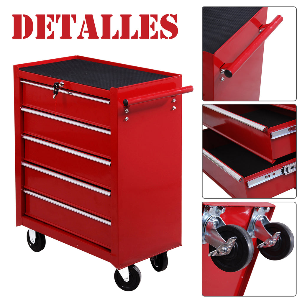 Carrinho de Ferramentas para Oficina com Rodas e 5 Gavetas Fechadura e Alça Lateral 67,5x33x77 cm Vermelho — foto 6