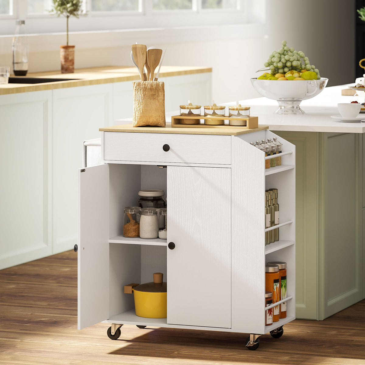 Ilha de Cozinha com Rodas Carrinho de Cozinha Móvel Auxiliar de Cozinha com 2 Portas Gaveta Suporte para Temperos de 3 Níveis e Prateleira Ajustável 82x38x86,5 cm Branco — foto 2