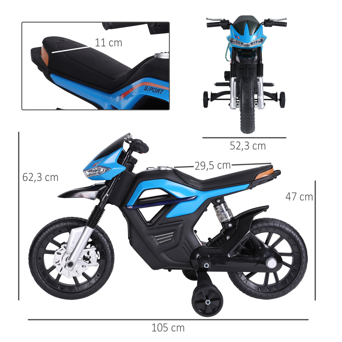 Mota Elétrica Infantil Motocicleta para Crianças acima de 3 anos Bateria 6V com Luzes e Música 105x52,3x62,3cm Azul — foto 3