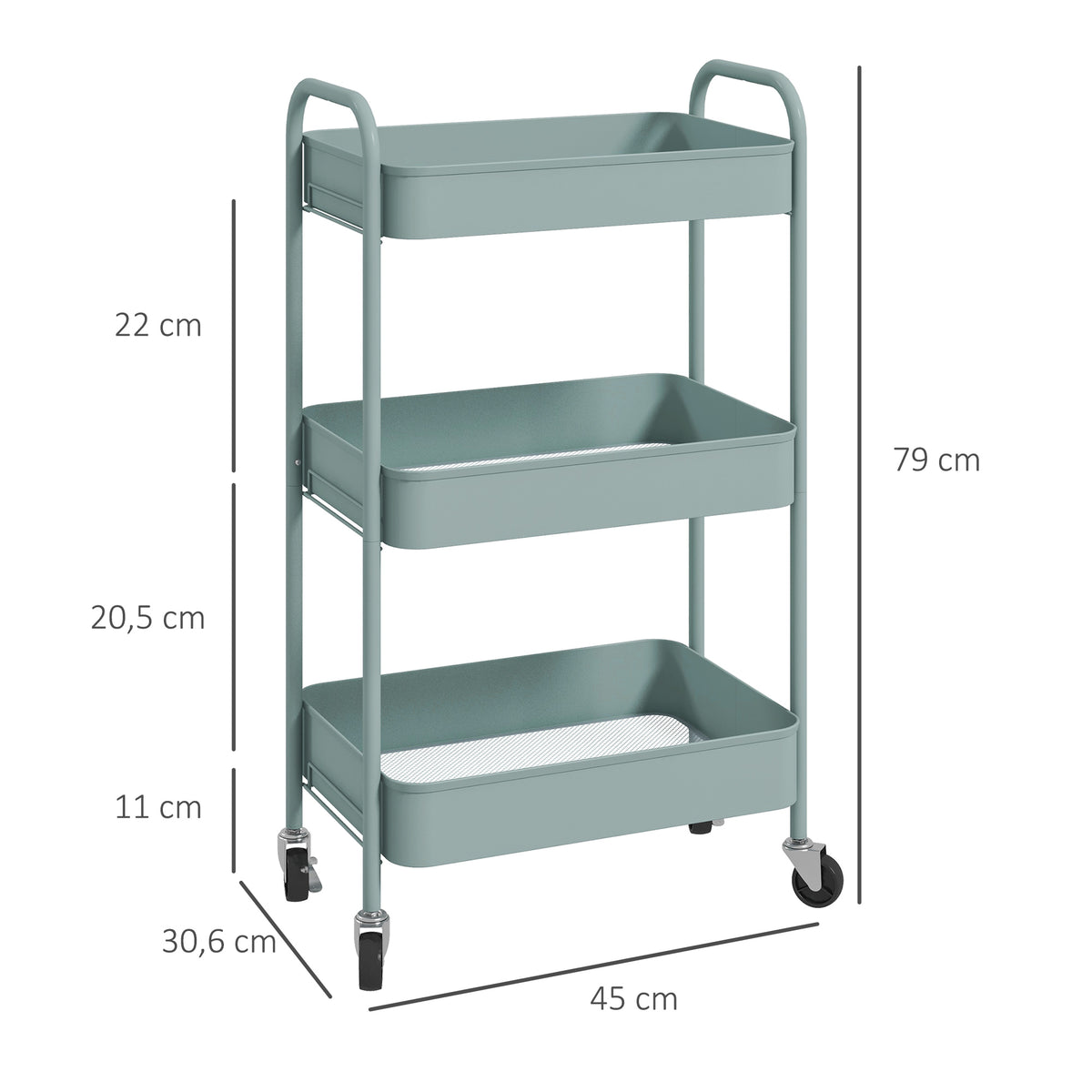 Carrinho Auxiliar de 3 Níveis com Rodas Carrinho de Armazenamento Deslizante com 3 Prateleiras 4 Rodas e 2 Travões para Cozinha Sala 45x30.6x79 cm Azul Claro — foto 3