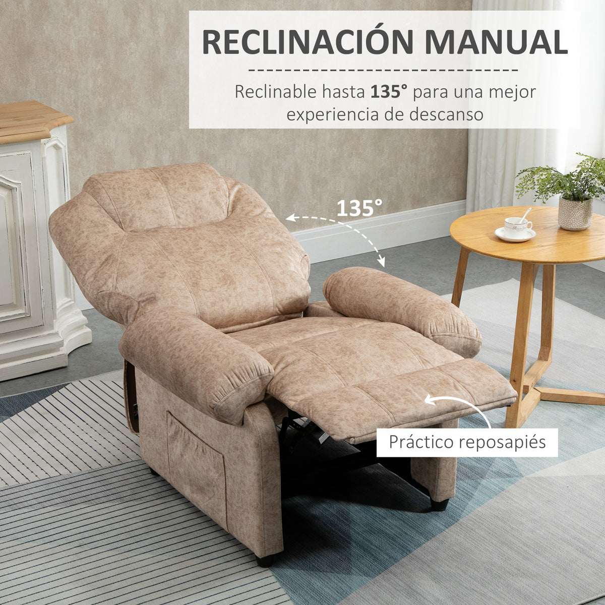 Poltrona Relax Reclinável Poltrona para Sala de Estar com Apoio para os Pés Retrátil Encosto Alto Bolso Lateral Acolchoado Grosso 88x91x108 cm Bege — foto 4