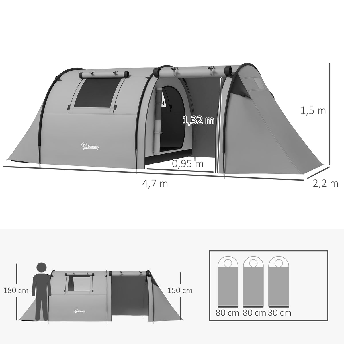 Tenda de Campismo Familiar para 3 Pessoas Tenda Campismo Dobrável Leve com Portas Janelas Gancho e Bolsa de Transporte Impermeável 3000 mm para Praia Caminhadas 470x220x150 cm Cinzento — foto 3