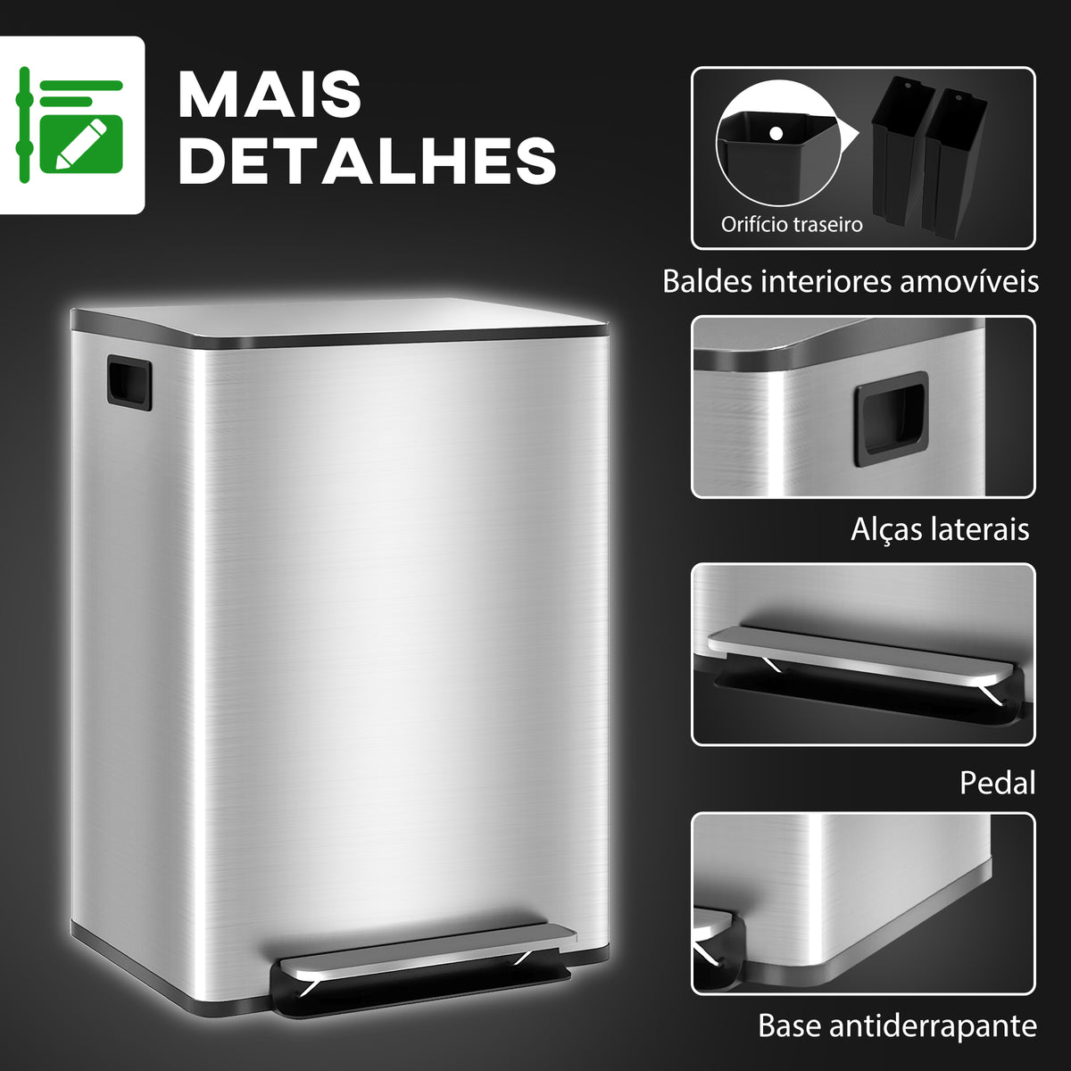 Balde de Lixo de Cozinha com 2 Compartimentos 2x30L Cubo de Lixo de Aço Inoxidável com Pedal Fechamento Suave e Cubo Amovível para Escritório Cozinha Prata — foto 7