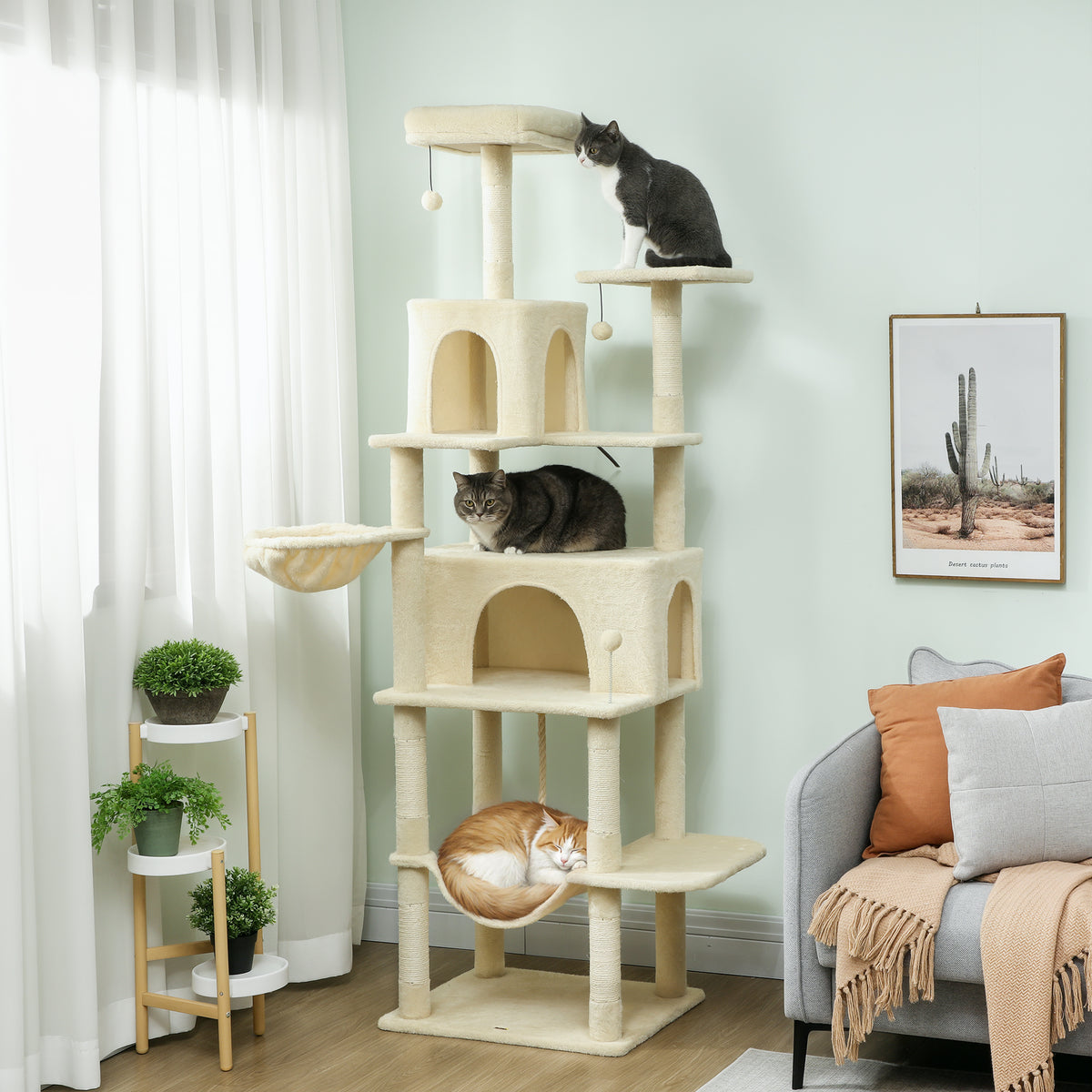 Arranhador para Gatos 202 cm Torre de Escalada com Plataformas Plataformas Caverna Postes de Sisal Bolas e Corda para Brincar Bege — foto 2