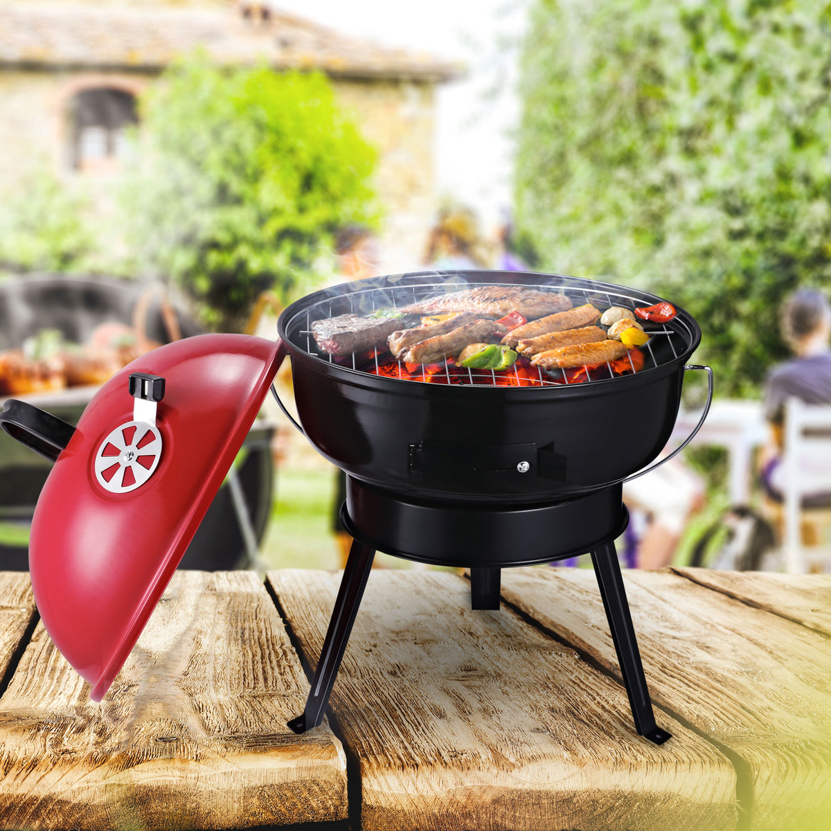 Essenza Barbecue a Carvão Portátil Metal Esmaltado 3 Pés Ø36,5x54cm Preto e Vermelho — foto 2