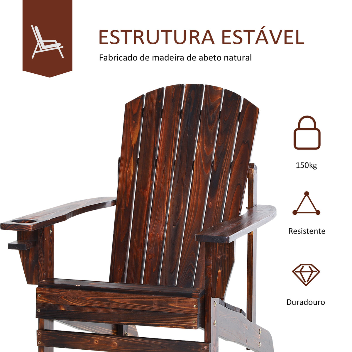 Cadeira Adirondack de Madeira Cadeira de Jardim com Apoio para os Braços Encosto Alto para Terraço Balcão Exterior 72,5x97x96cm Marrom — foto 6