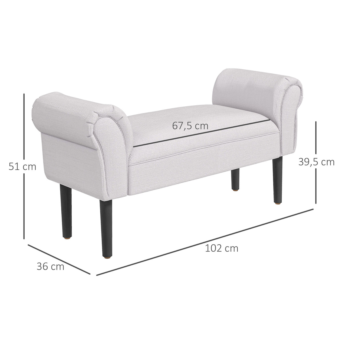 Banco de Pé de Cama Banco com Braços Curvados Estofado e Pés de Madeira para Dormitório Entrada Sala de Estar Carga Máxima 130kg 102x31x51cm Cinza — foto 3