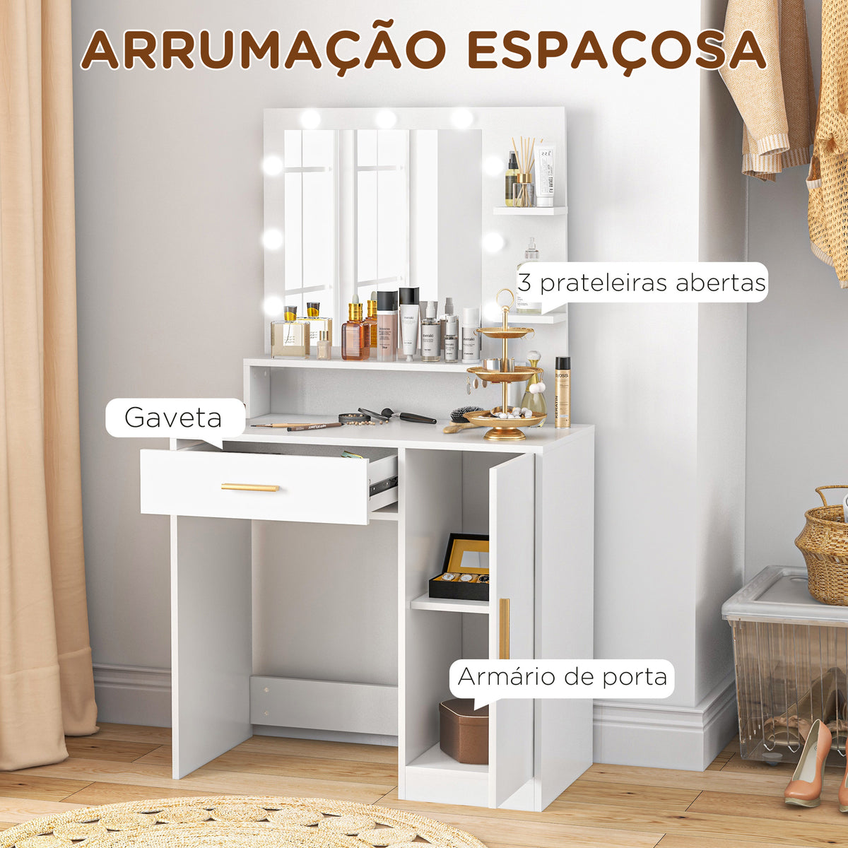 Toucador de Maquilhagem com Banco Mesa de Maquilhagem com Espelho LED Gavetas Prateleira Ajustável e Prateleiras Abertas para Dormitório Sala de Estar Branco — foto 5