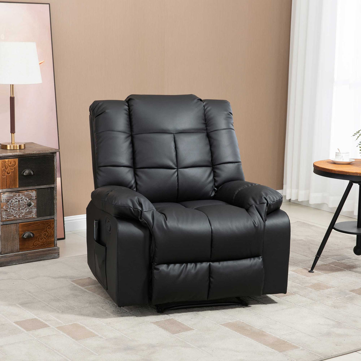 Poltrona de Massagem Poltrona Relax Reclinável com 8 Pontos de Massagem Controlo Remoto Estofada em PU Apoio para Pés Bolso Lateral Poltrona para Sala de Estar Quarto 94x99x99 cm Preto — foto 2