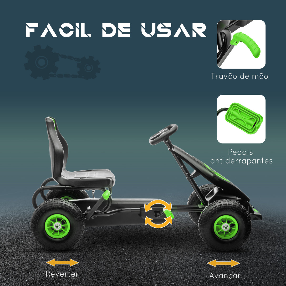 Kart a Pedais para Crianças 5-12 Anos Kart a Pedais Infantil com Assento Ajustável Pneus Insufláveis Amortecimento e Travão de Mão Carga Máx. 50kg 121x58x61 cm Verde — foto 5