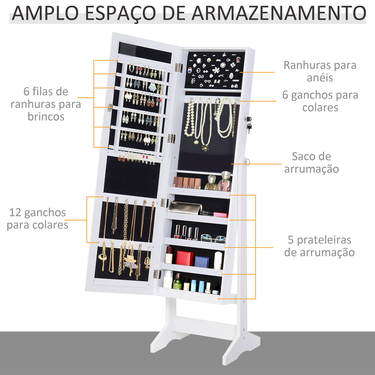 Armário para Joias 20 Luzes de LED Reclinável Fechadura Madeira 40x37x146cm Branco — foto 4