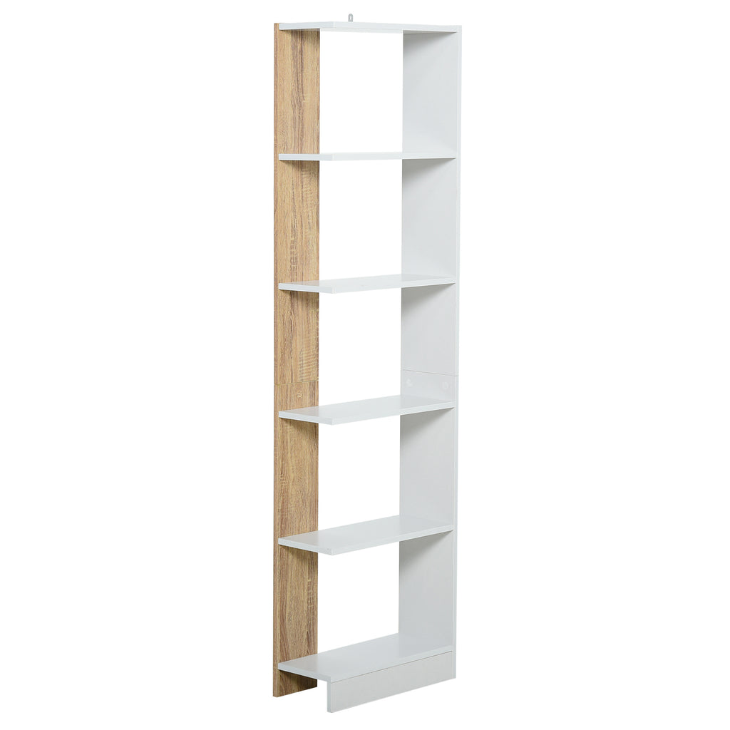 Prateleira de armazenamento com 5 prateleiras Estante multiuso para escritório com base elevada Design elegante 45x21x170 cm Branco e carvalho — foto 1