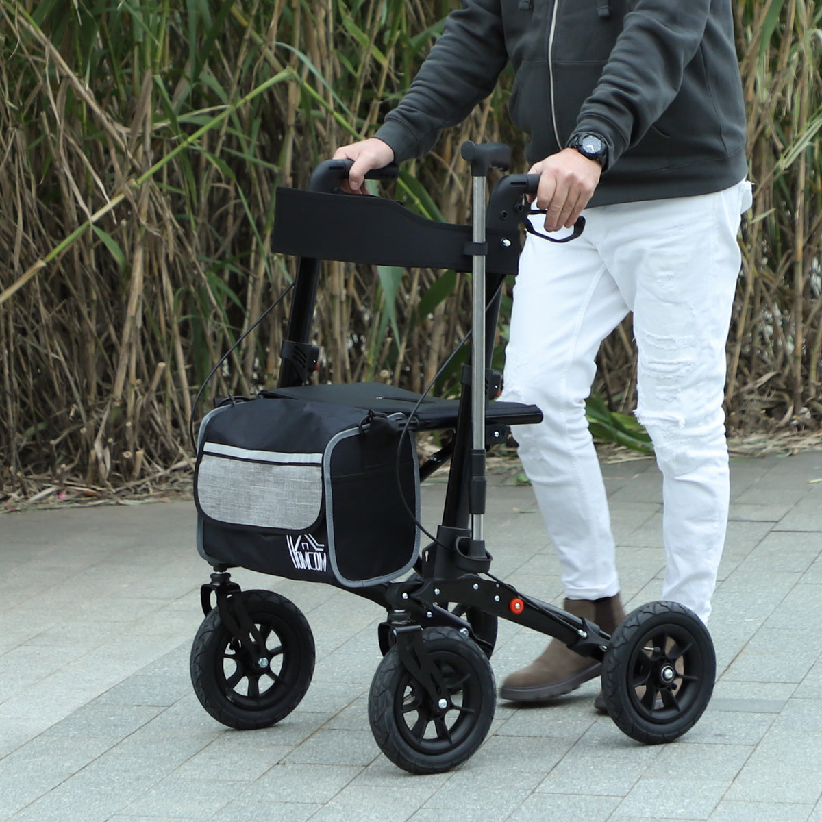 Andador 4 rodas dobrável, rollator em alumínio leve, assento acolchoado, encosto, punho ajustável, 69x64x98,5cm preto — imagem 3