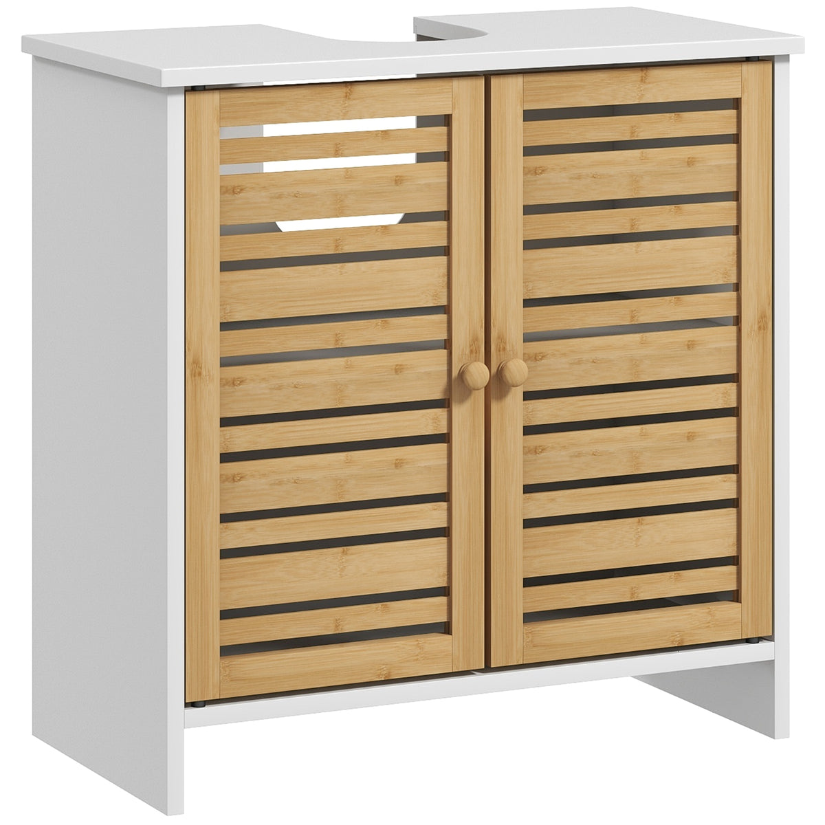 Móvel para Lavatório Móvel Sob Lavatório Moderno com Portas Magnéticas de Bambu e Estante Ajustável 60x30x60 cm Branco e Madeira — foto 1