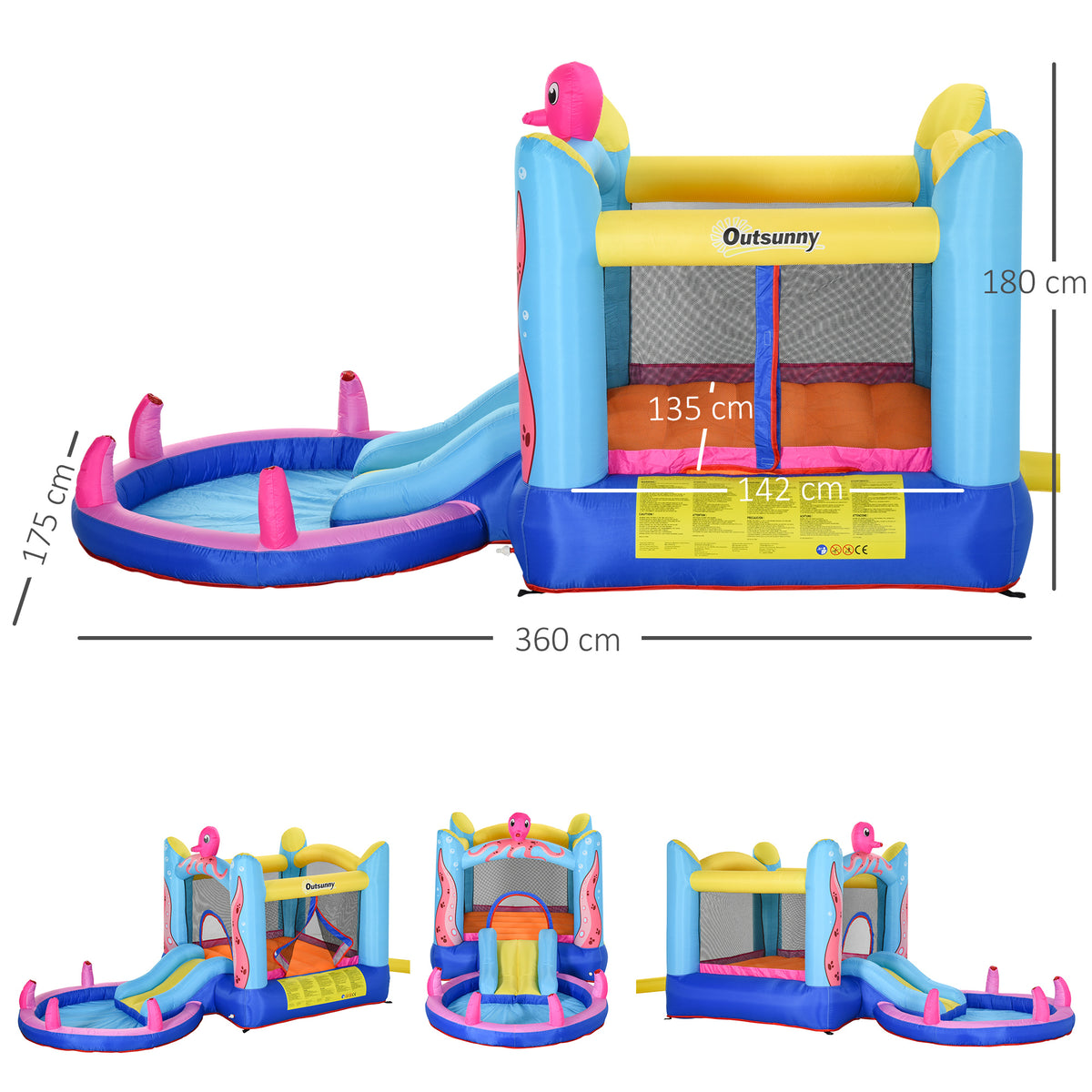 Castelo Insuflável com Escorrega Trampolim e Piscina para Crianças acima de 3 Anos Inclui Insuflador e Bolsa de Transporte para Interior e Exterior 360x175x180cm Multicor — foto 3