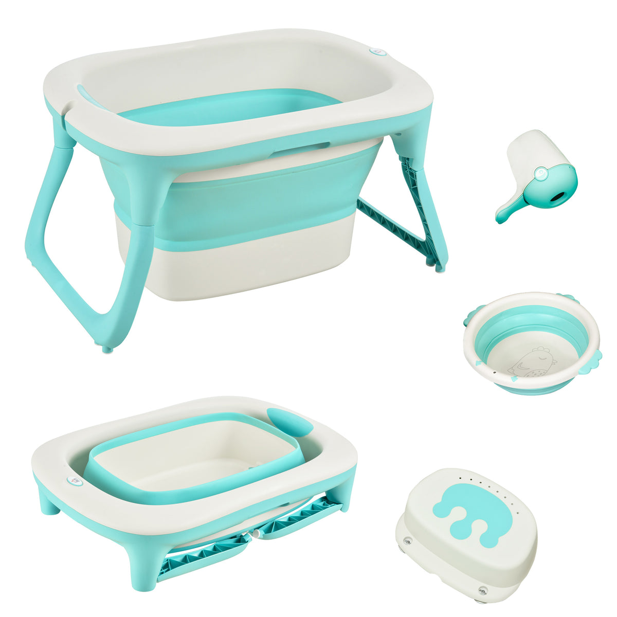 Banheira dobrável e portátil para bebê com recipiente para xampu bacia e banco conjunto de 4 peças de banho81,5x60x46,5 cm Verde — foto 1