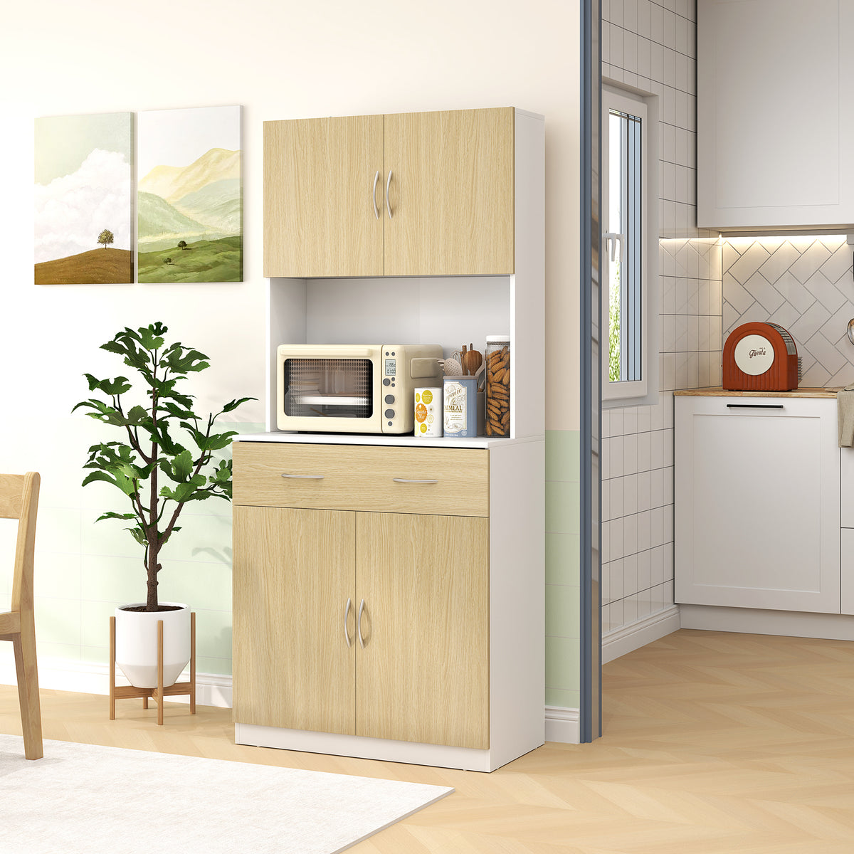 Armário de Cozinha com Gaveta 4 Portas e Prateleiras Interiores Ajustável em Altura Móvel Auxiliar de Armazenamento Moderno para Sala de Jantar Sala de Estar 80x40x180 cm Madeira e Branco — foto 2