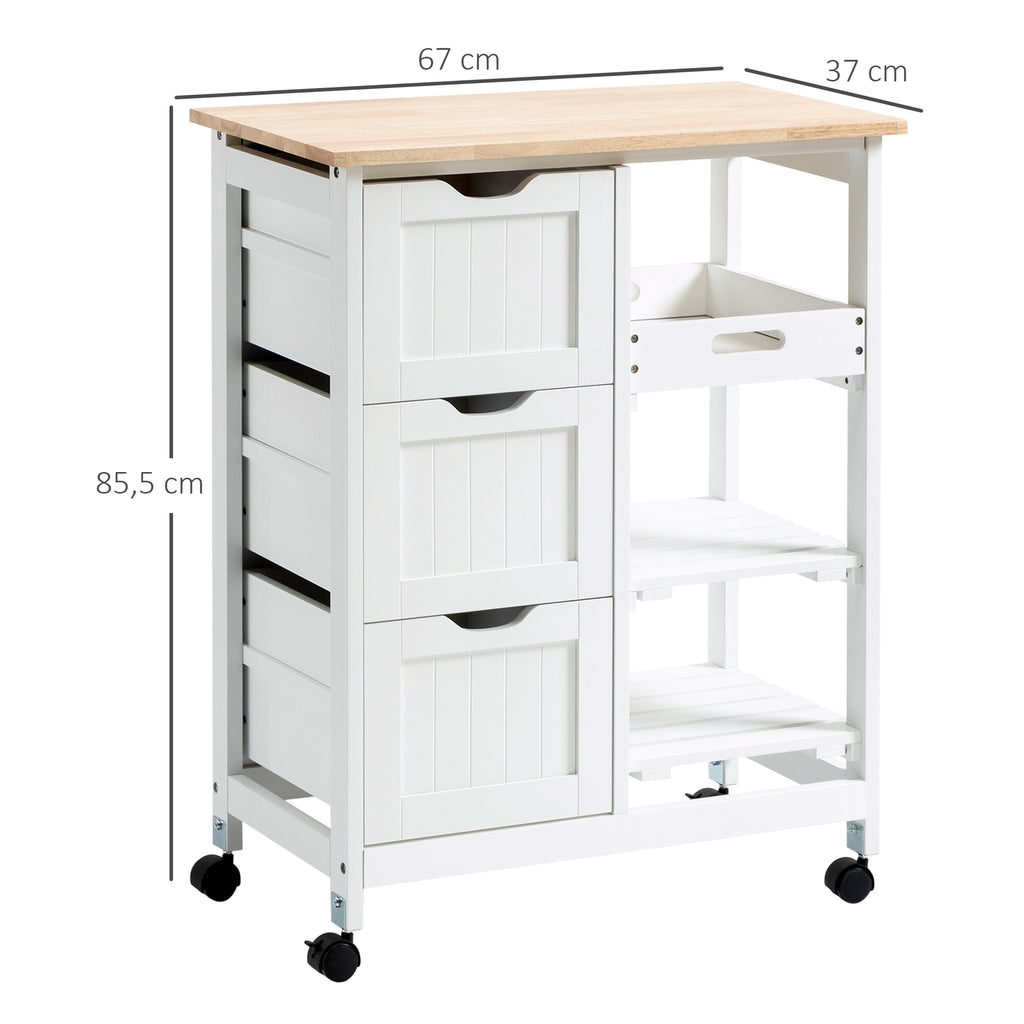 Carrinho de Cozinha com Rodas Carrinho de Serviço Multiuso com 3 Gavetas 2 Prateleiras Abertas e Bandeja para Sala de Jantar Sala de Estar 67x37x85,5cm Branco — foto 3