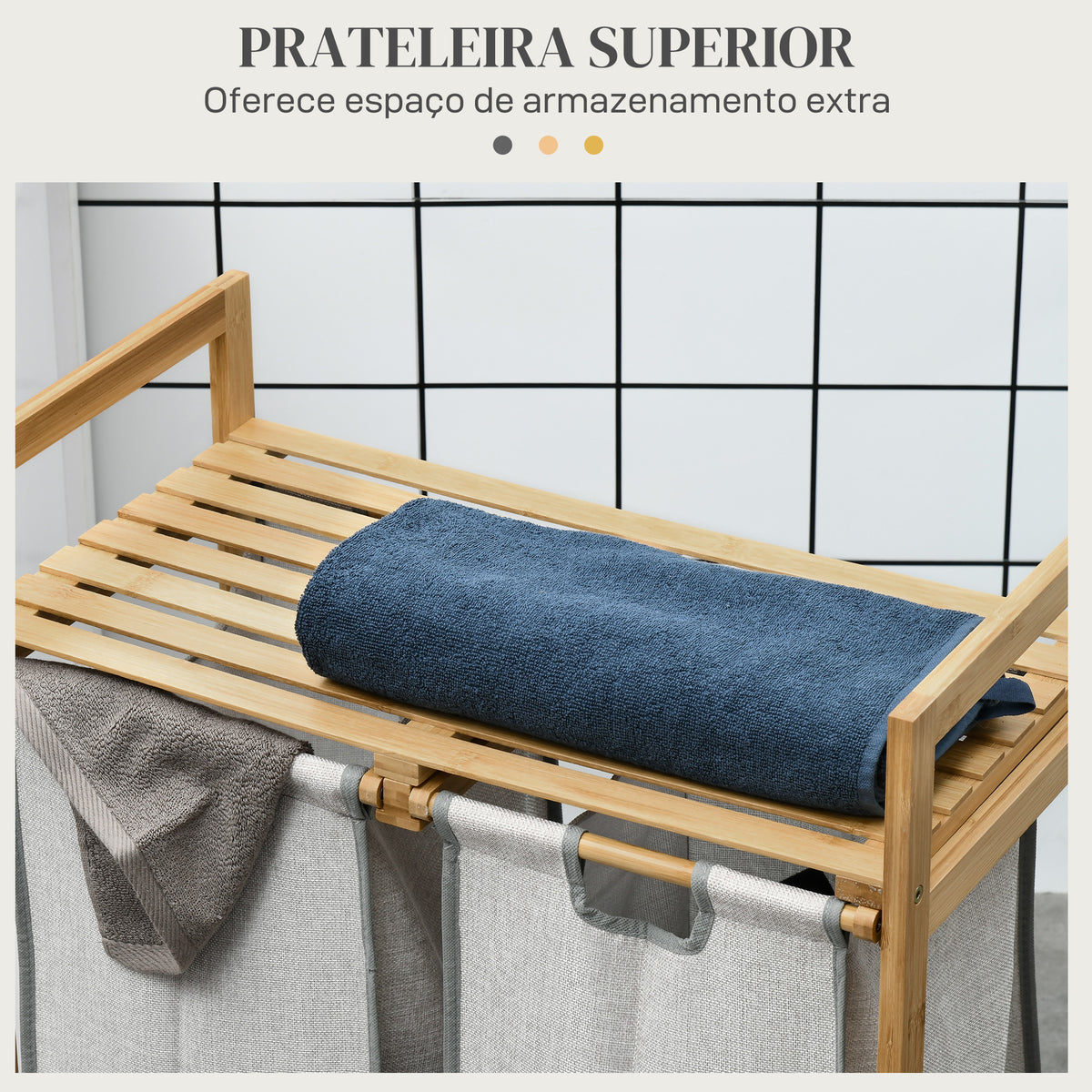 Cesto de Roupa de Bambu Cesto de Roupa Suja com 2 Bolsas Amovíveis e 2 Prateleiras Carga 20 kg 2x40,6L para Casa de Banho Dormitório 64x33x73 cm Madeira — foto 5