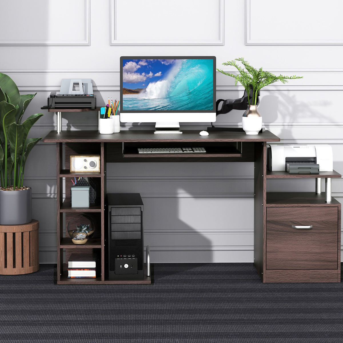 Mesa para Computador 120cm Secretária para Escritório com Múltiplas Prateleiras Gavetas Bandeja de Teclado Suporte para Monitor Impressora e CPU 152x60x88cm Marrom — foto 2