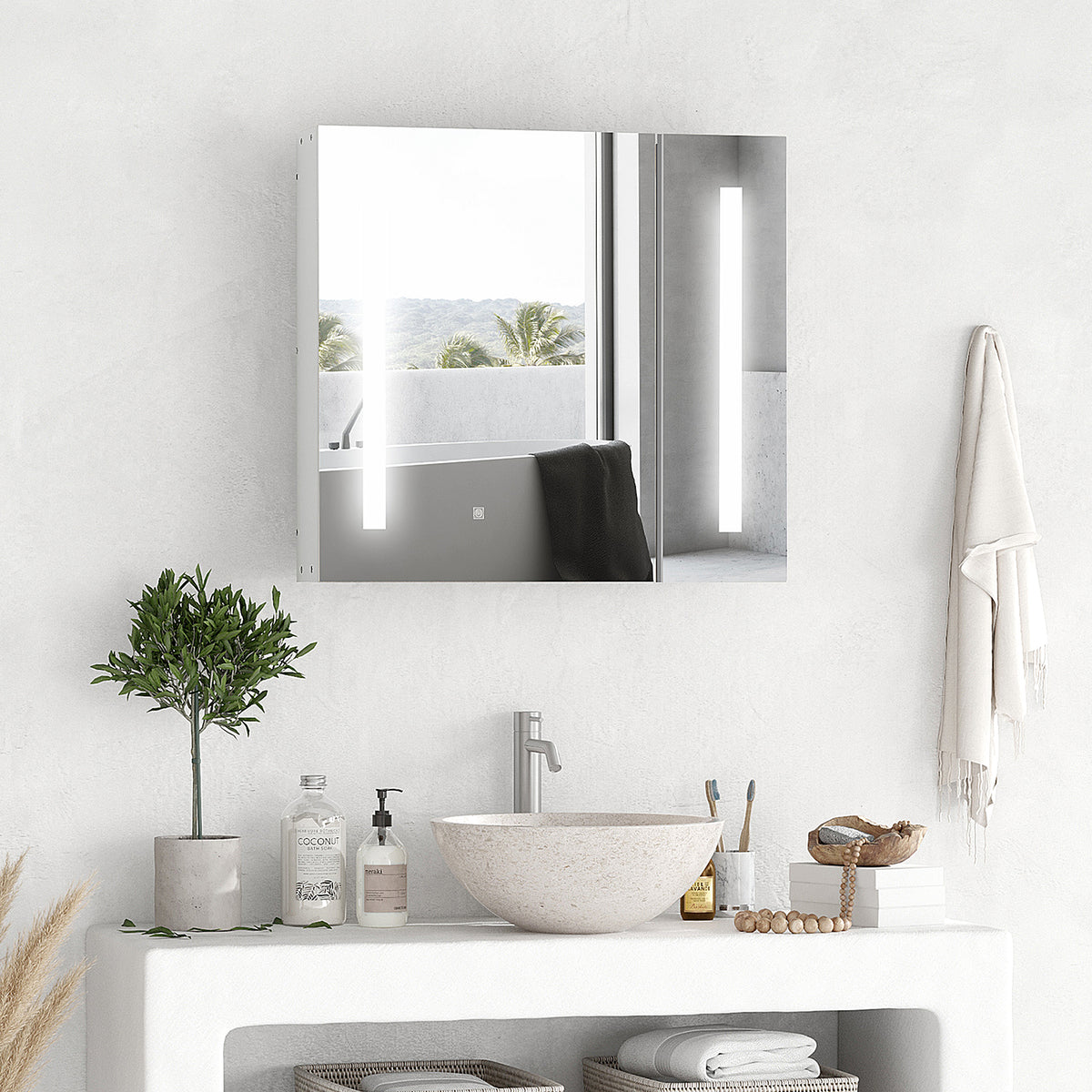 Armário com Espelho de Casa de Banho com Luz LED Armário de Casa de Banho Suspenso com 2 Portas e Interruptor Tátil Estilo Moderno 70x15x65 cm Branco — foto 2