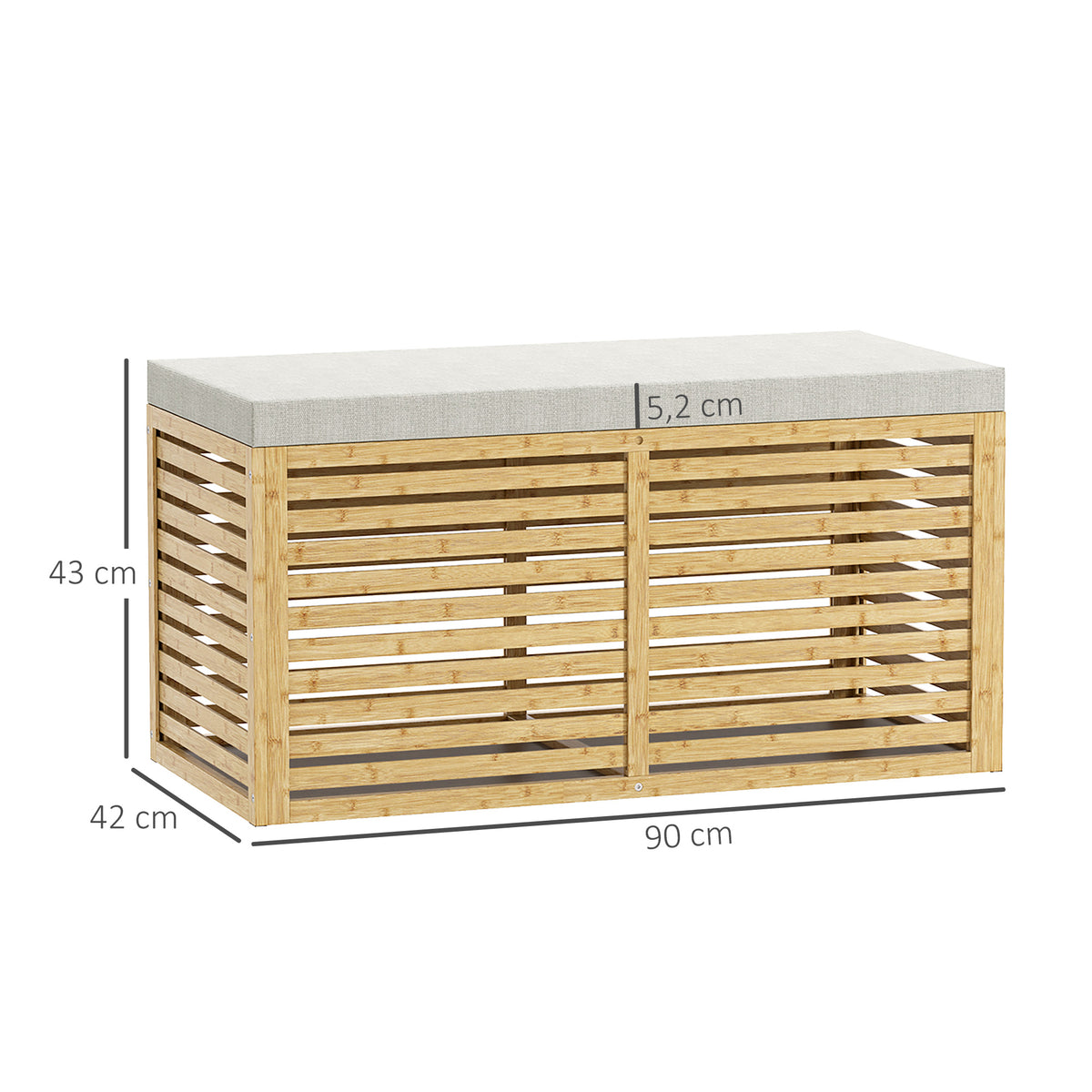 Baú de Arrumação para Dormitório 122L Banco de Arrumação Estofado em Linho Sintético com Almofada Estrutura de Bambu para Entrada Sala 90x42x43 cm Cinza e Madeira — foto 3