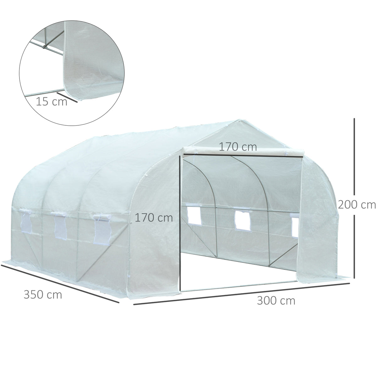 Estufa Tipo Túnel 350x300x200 cm com Porta Enrolável 6 Janelas Estufa para Cultivo de Plantas Verduras Branco — foto 3