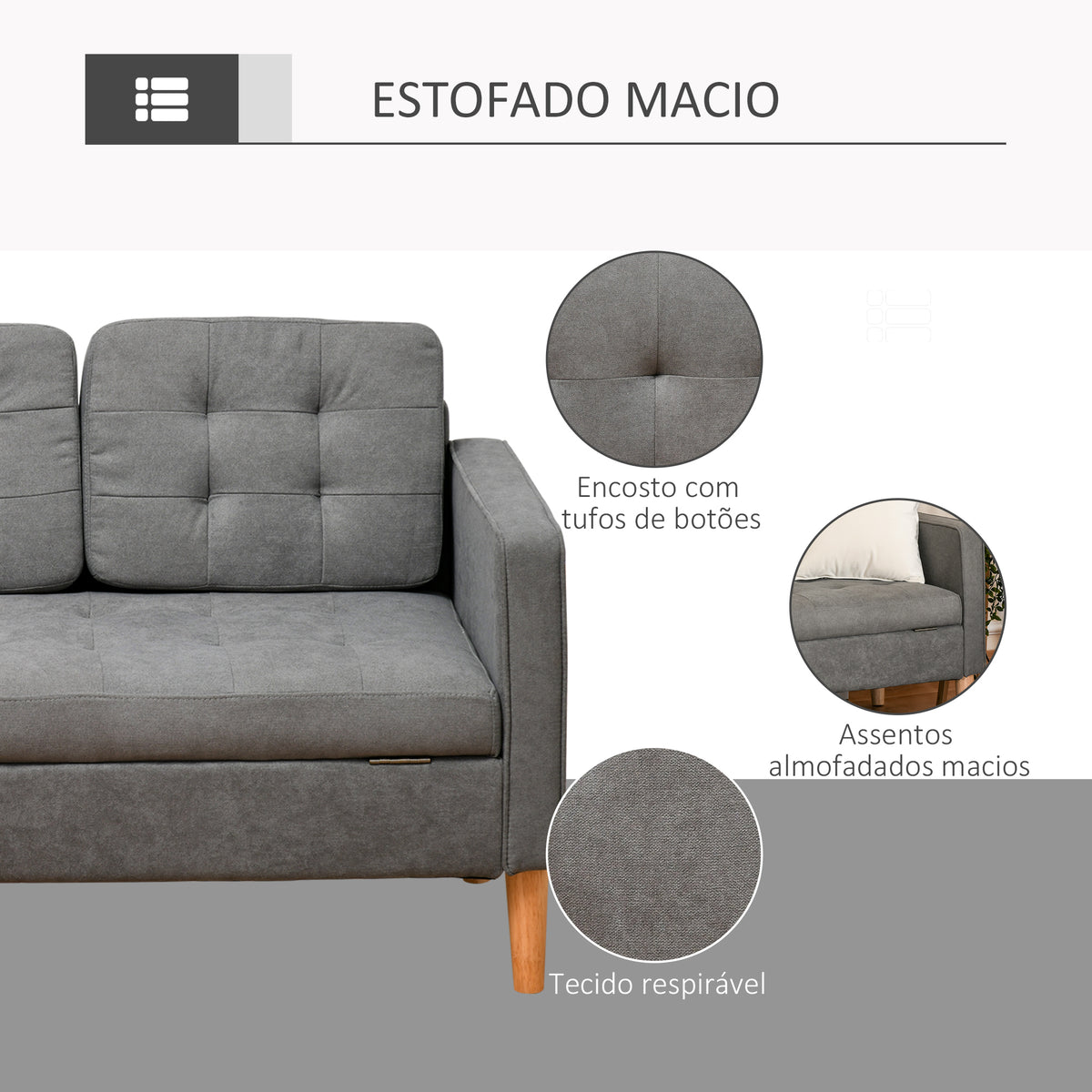 Sofá de 3 lugares acolchoado com 3 almofadas e apoios de braço Espaço de armazenamento Estilo moderno para sala de estar Quarto 166,5x62x82 cm cinza — foto 4