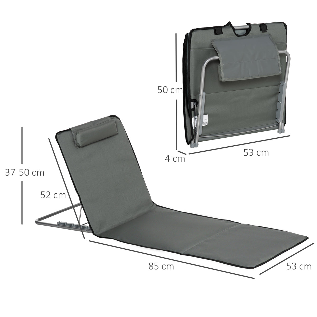 Conjunto de 2 Esteiras de Praia Dobráveis 124x53x50cm com Encosto Ajustável e Apoio para a Cabeça Esteira de Praia Tecido Oxford Aço com Bolsa de Transporte Cinza — foto 3