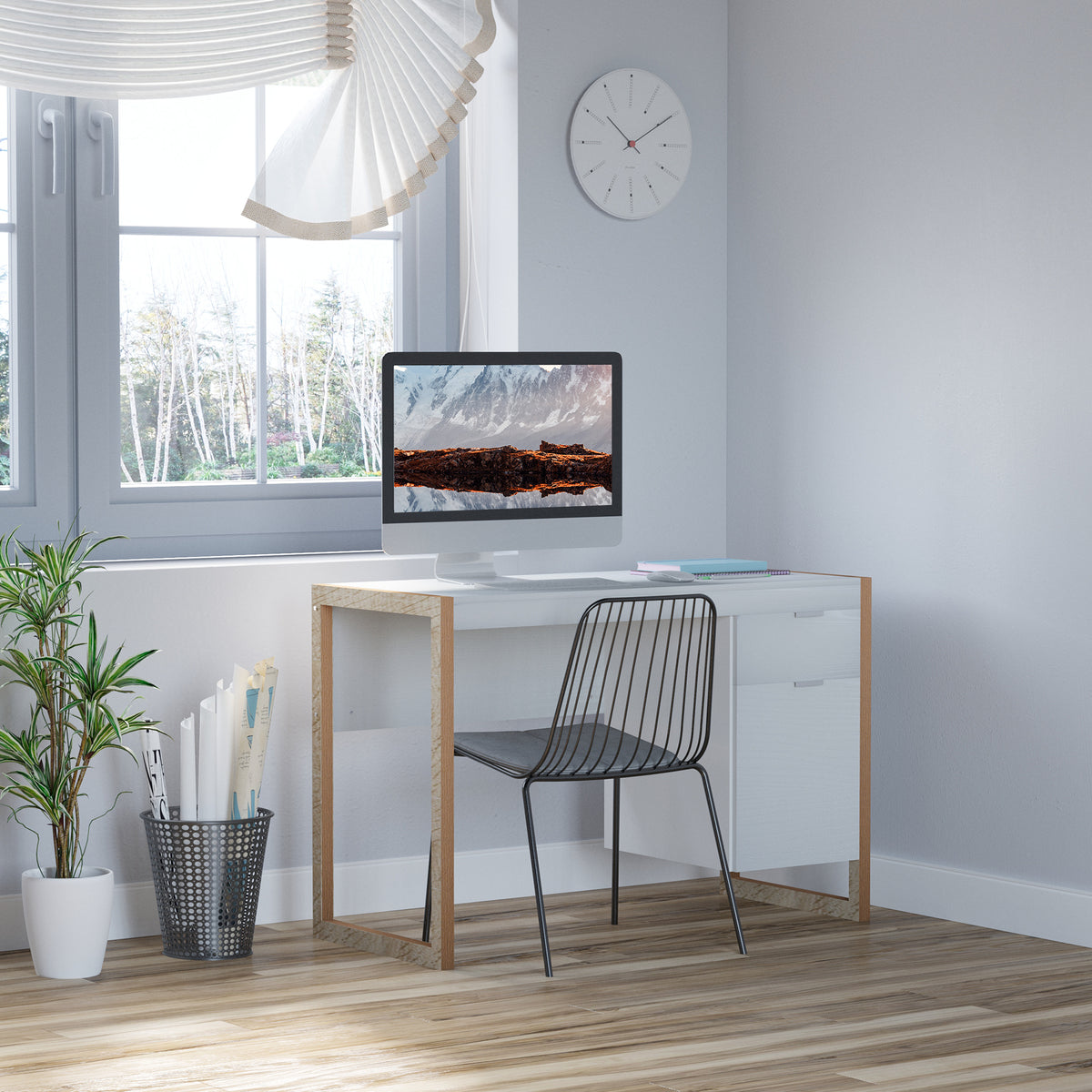 Mesa de Computador Secretária Espaçosa com Gaveta Armário Pés em Forma Retangular Estilo Moderno 112,5x50x75,5 cm Branco e Madeira — foto 2
