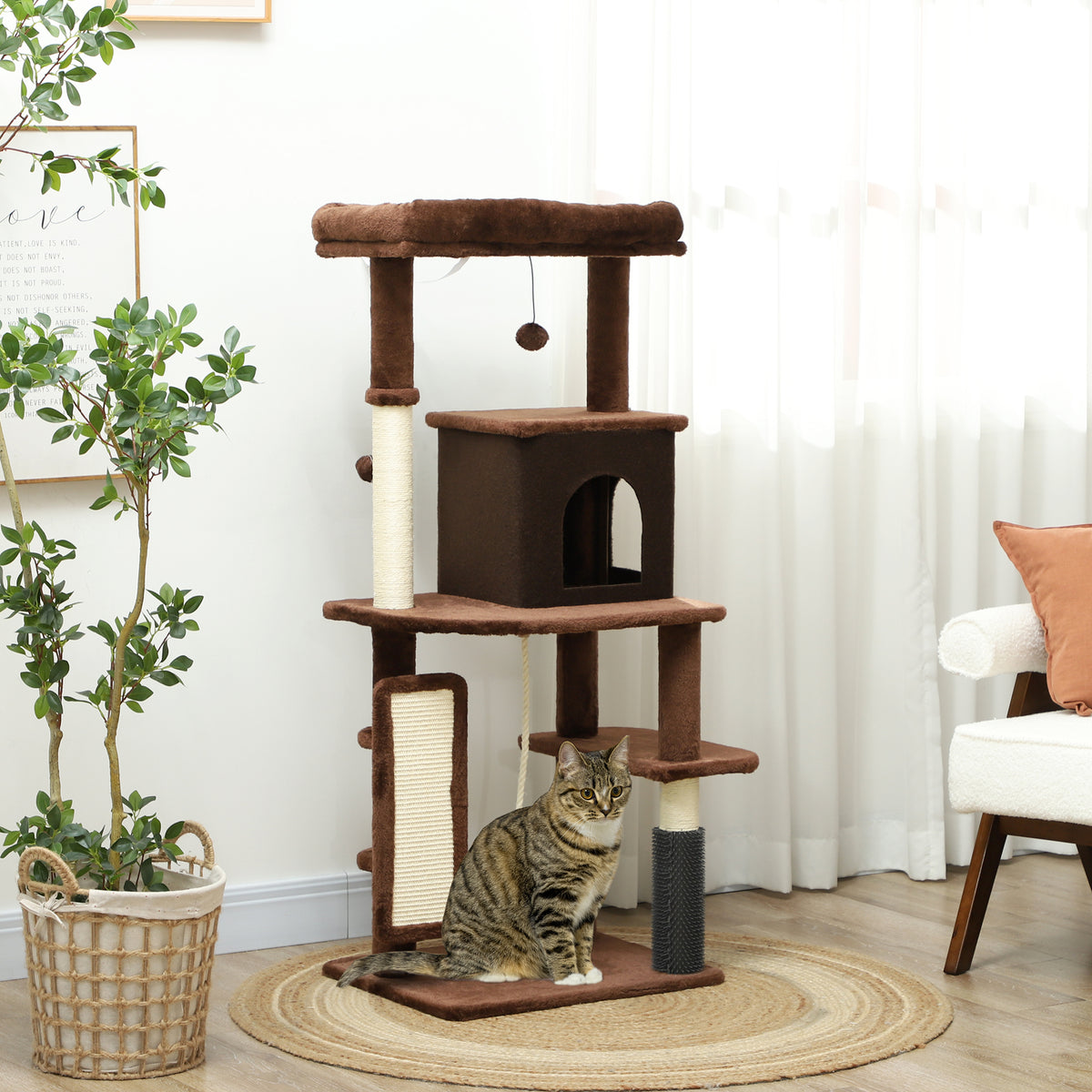 Arranhador para Gatos Grande Altura 132 cm Arranhador para Gatos com Plataformas Postes com Escova Bolas Suspensas e Almofadas para Arranhar Marrom — foto 2