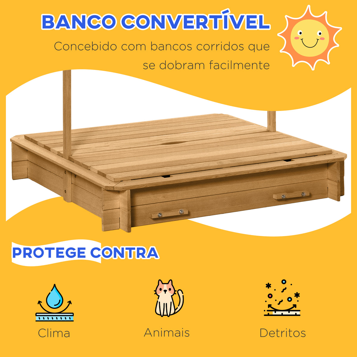 Caixa de Areia para Crianças de Madeira Caixa de Areia Infantil com Toldo Ajustável em Altura 2 Bancos e Encostos Removíveis para Pátio Jardim 106x106x121 cm Natural — foto 5