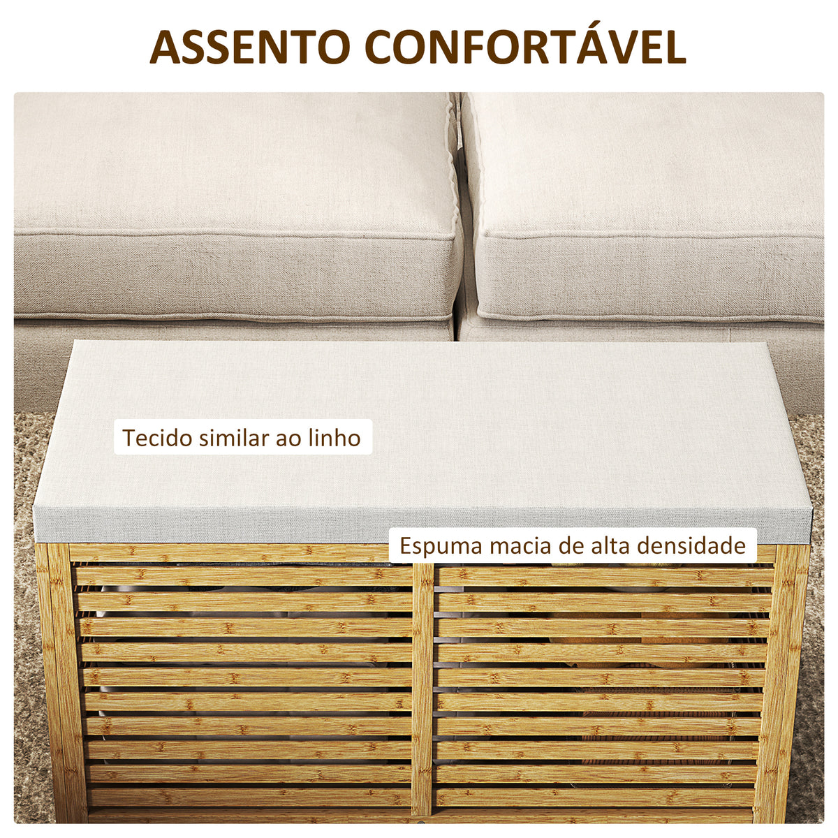 Baú de Arrumação para Dormitório 122L Banco de Arrumação Estofado em Linho Sintético com Almofada Estrutura de Bambu para Entrada Sala 90x42x43 cm Cinza e Madeira — foto 5