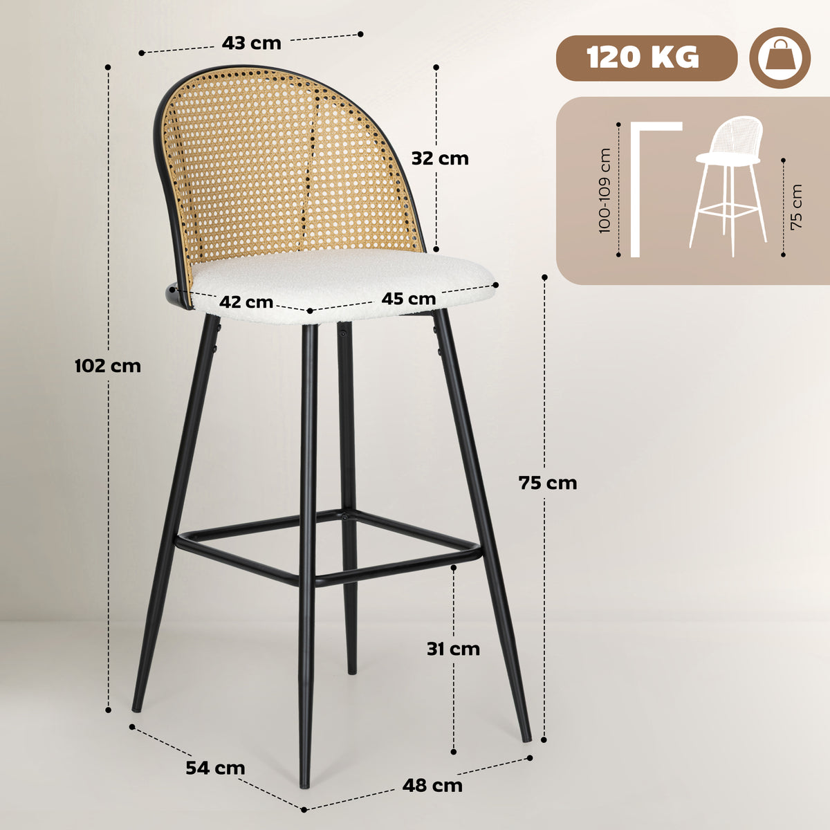 Conjunto de 2 Bancos de Bar Bancos Altos de Cozinha com Encosto de Vime Assento Estofado em Borrego Estrutura de Aço e Apoio para Pés 48x54x102 cm Creme — foto 3