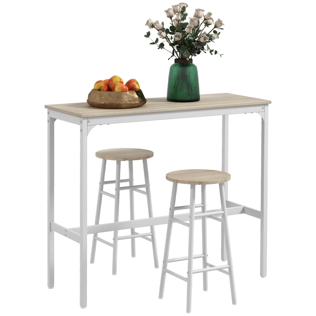 Conjunto de Mesa Alta de Bar com 2 Bancos Mesa Alta de Cozinha com Bancos Estrutura em Aço Mesa Alta Estilo Industrial para Sala de Jantar Natural e Branco — foto 1