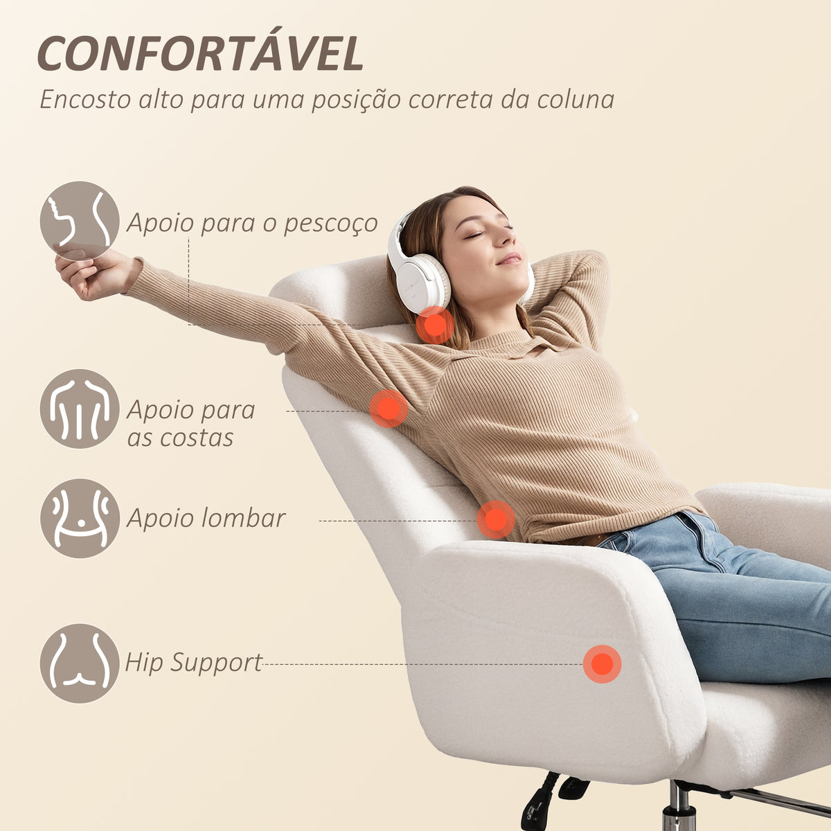 Cadeira de Escritório com Apoio para Pés Estofada em Borreguito Cadeira de Escritório com Encosto Reclinável Apoio de Cabeça Ajustável Encosto Alto Altura Ajustável 67x74x107-115 cm Creme — foto 4