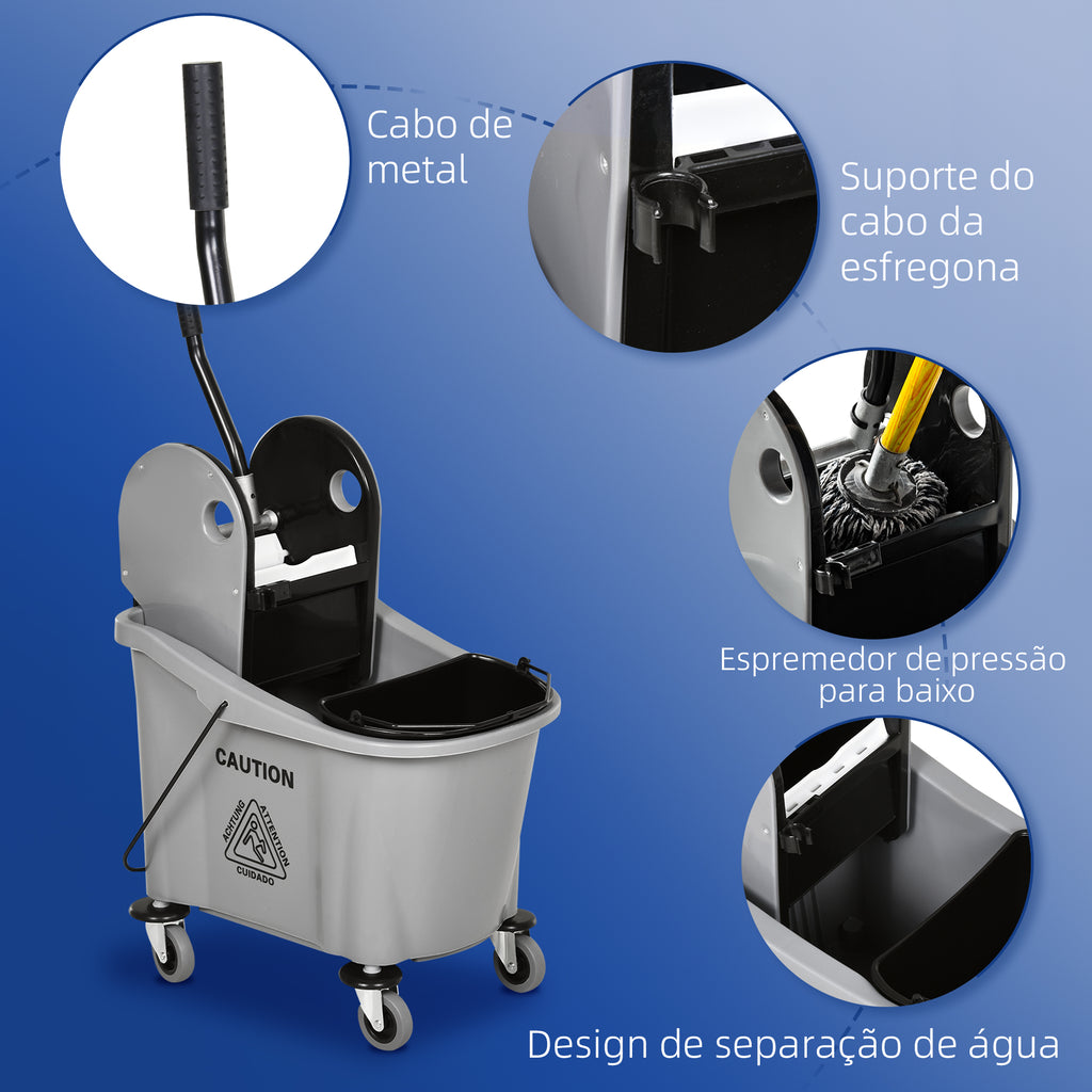 Balde de Esfregona Comercial Balde de Esfregona com Espremedor de Pressão para Baixo Capacidade 36L com 4 Rodas Silenciosas 2 Cubetas Separadas 54x41x91,5 cm Cinza — foto 6