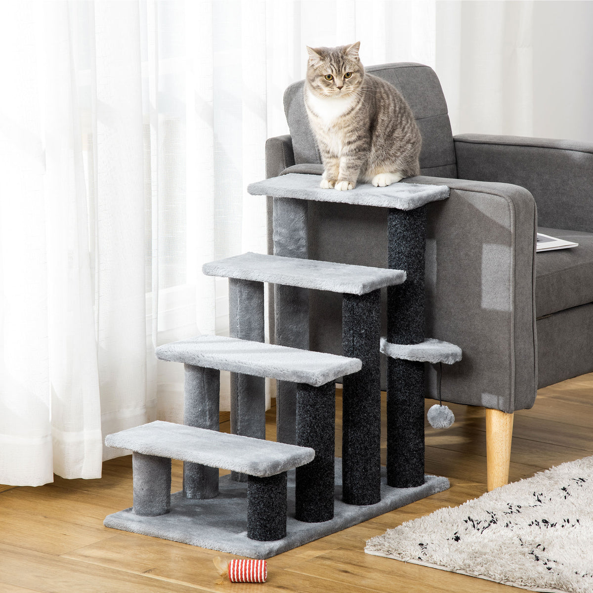Escada para Animais de Estimação Escada para Gatos de 4 Degraus com Poste de Arranhar Bola Escada para Animais de Estimação 45x40x68 cm Cinza — foto 2