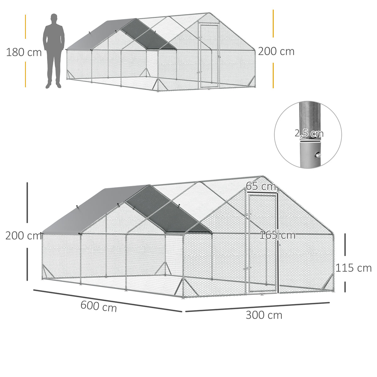 Galinheiro de Exterior Grande 3x6x2m Gaiola para 12-18 Galinhas de Aço Galvanizado com Teto de PE e Fechadura para Coelhos Prata — foto 3