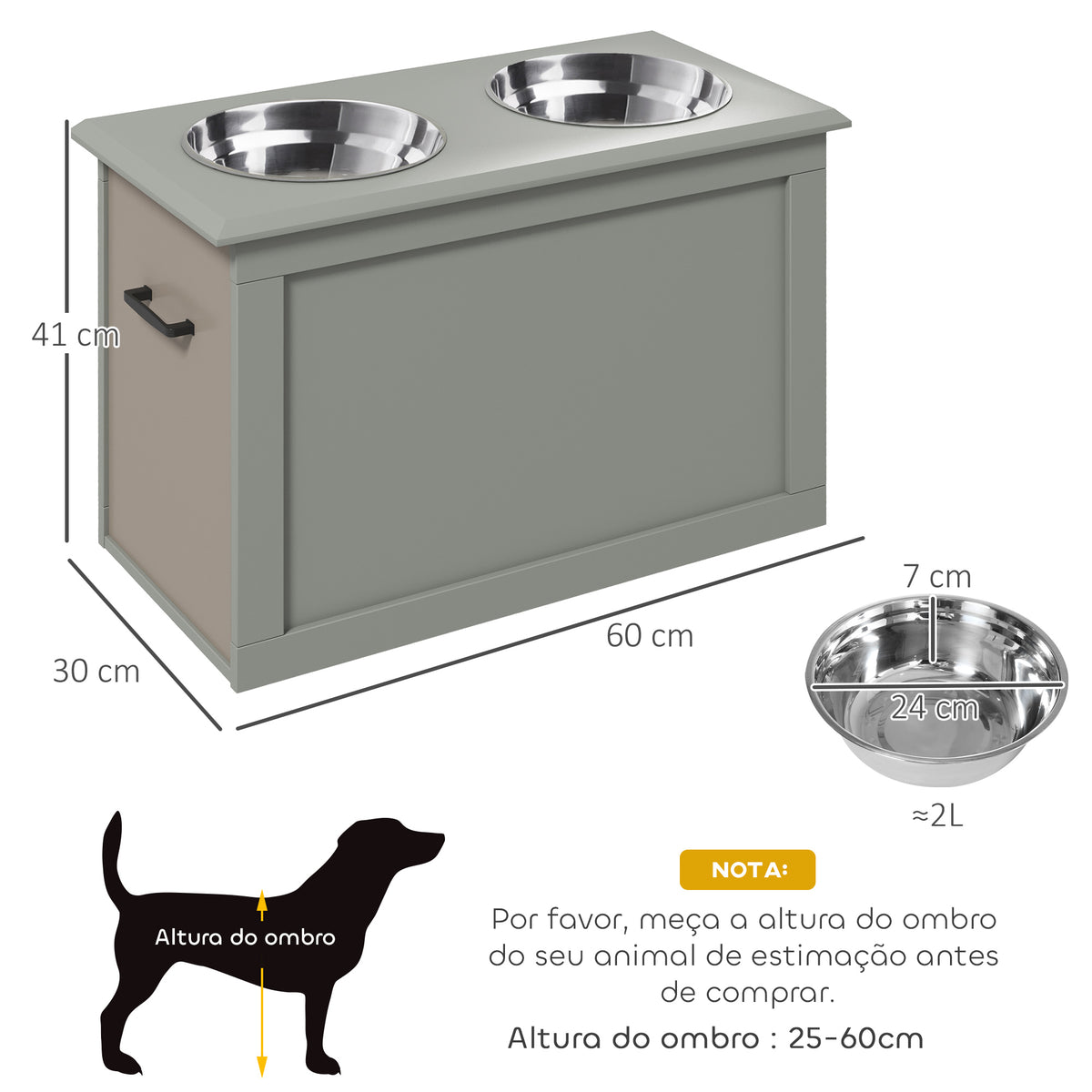 Comedouro Elevado para Cães Comedouro para Cães com 2 Tigelas de Aço Inoxidável e Espaço de Armazenamento Oculto 60x30x41 cm Cinzento — foto 3