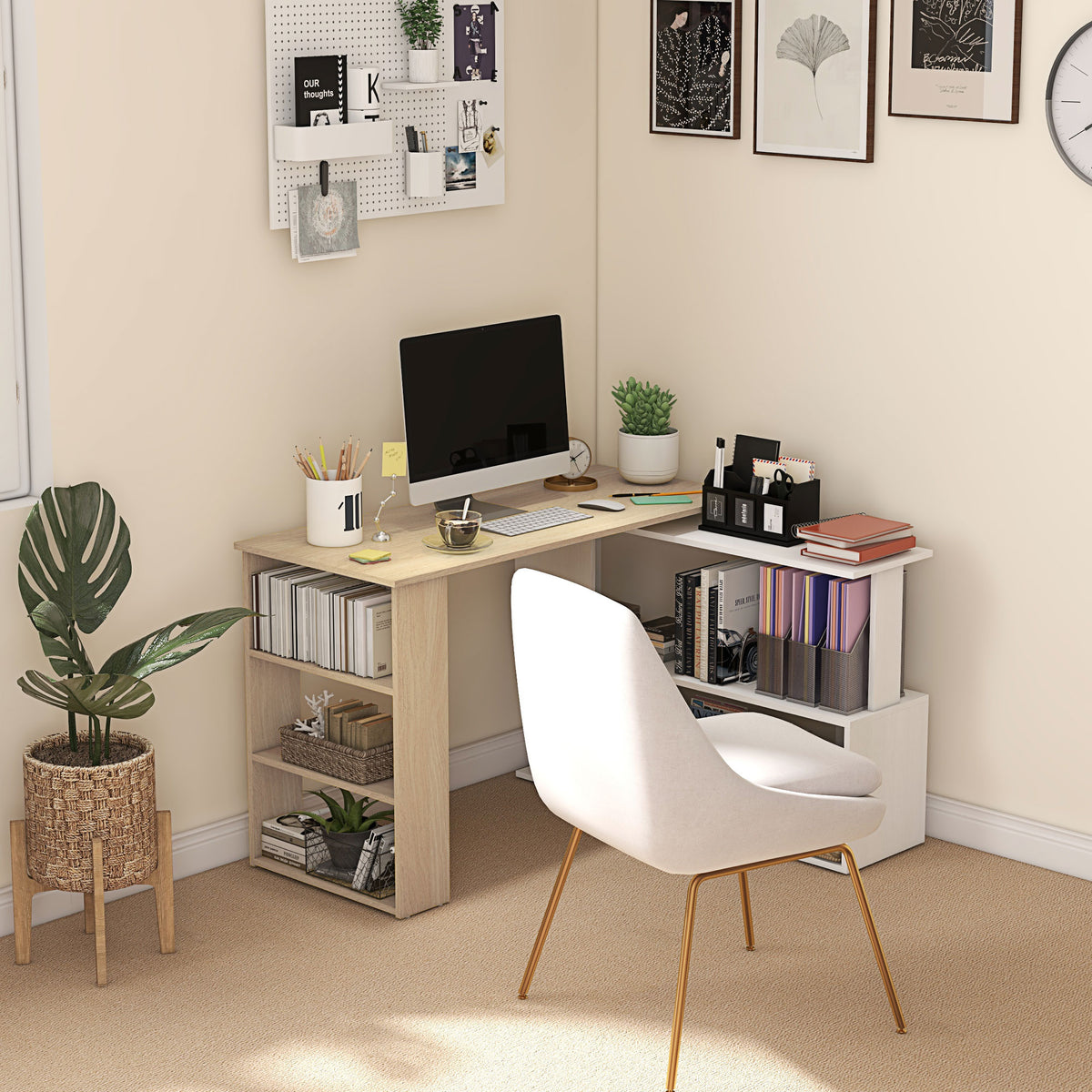 Mesa de Computador Secretária Mesa de Canto Giratória 360° com 5 Prateleiras para Casa Escritório Madeira e Branco — foto 2
