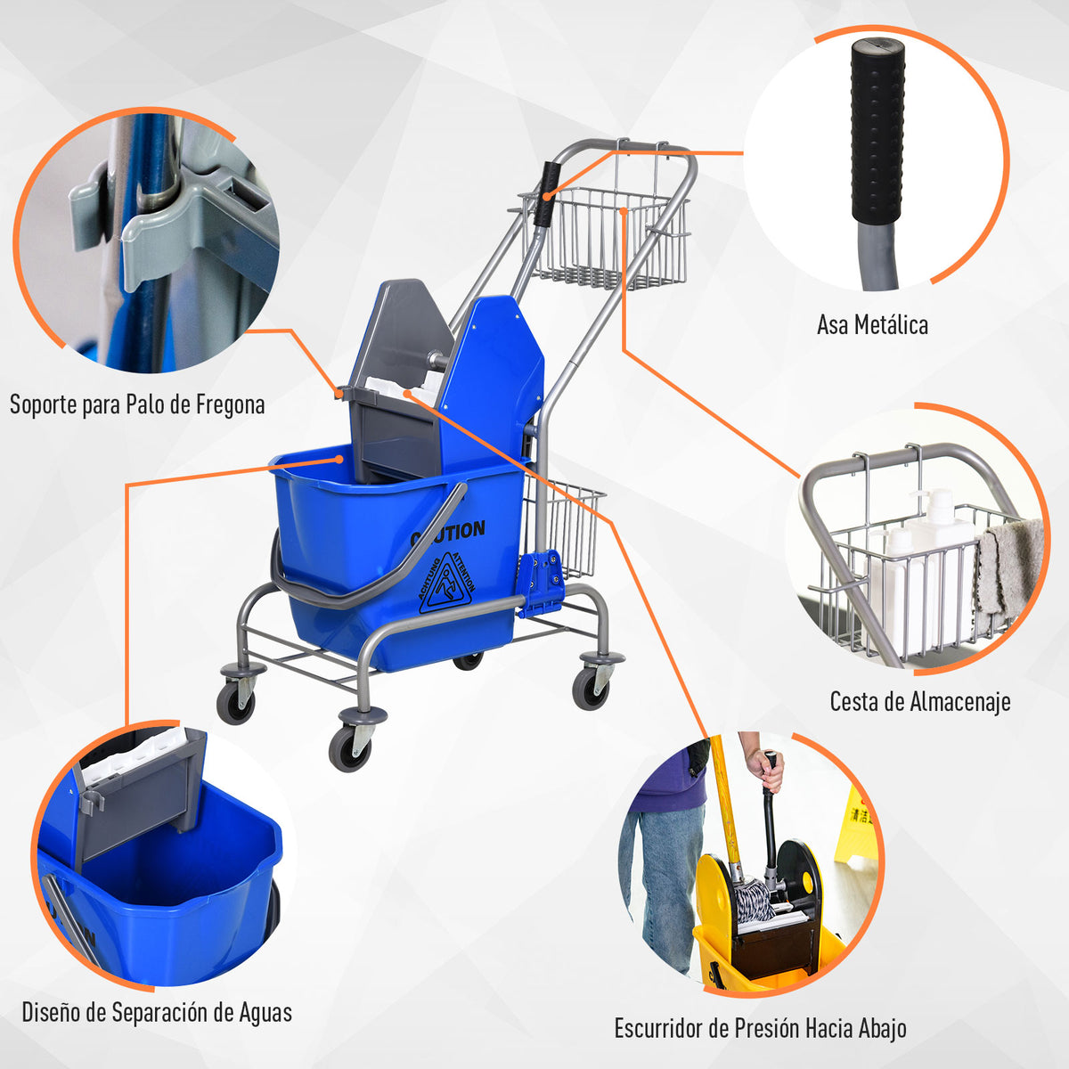Carro de Limpeza Balde para Esfregona com Escorredor a Pressão Rodas e Cesto de Armazenamento Capacidade 26L 73x45x95 cm Azul — foto 5