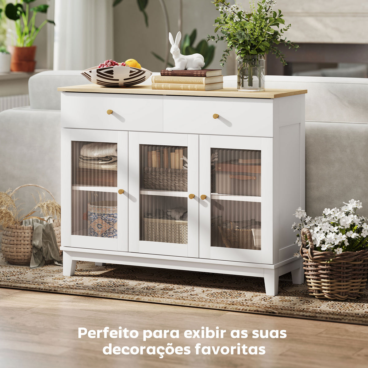 Aparador 3 Portas de Vidro Aparador para Sala Moderno com 2 Gavetas e Prateleiras Ajustáveis para Sala de Jantar ou Entrada 100x35x80,3 cm Branco — foto 4