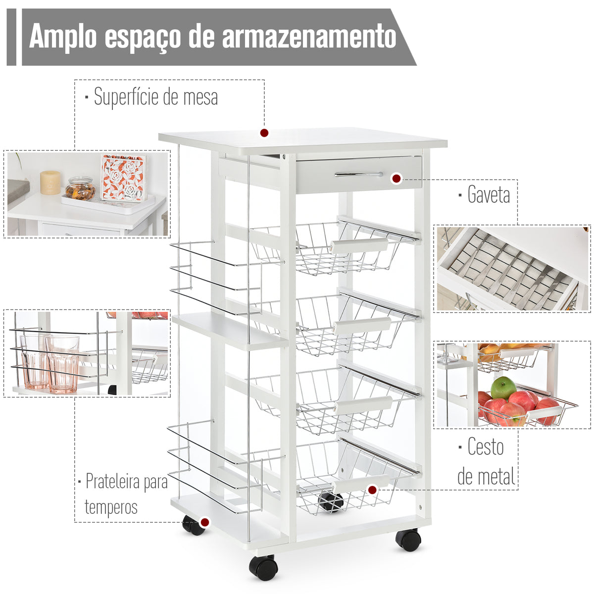 Carrinho de Cozinha com Rodas Carrinho Auxiliar com Gaveta 4 Cestas Amovíveis de Metal e Prateleiras Laterais 47x37x83 cm Branco — foto 4