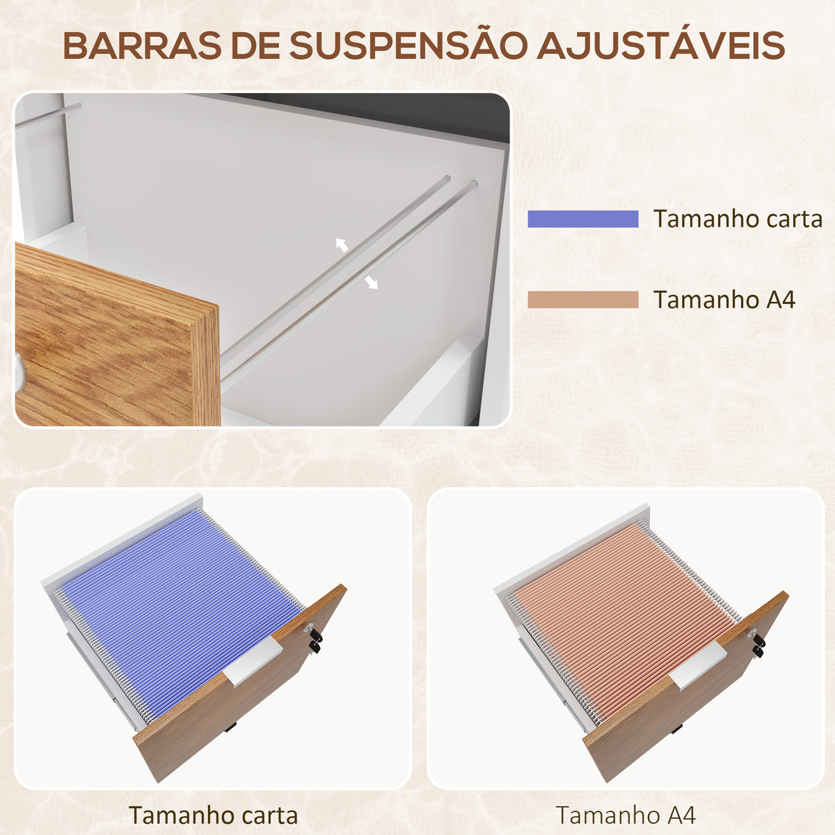 Bloco de Gavetas para Escritório Móvel Arquivador com 5 Rodas 2 Gavetas 2 Barras Penduradas para Pastas A4 Fechadura e 2 Chaves 42x40x60 cm Natural — foto 5