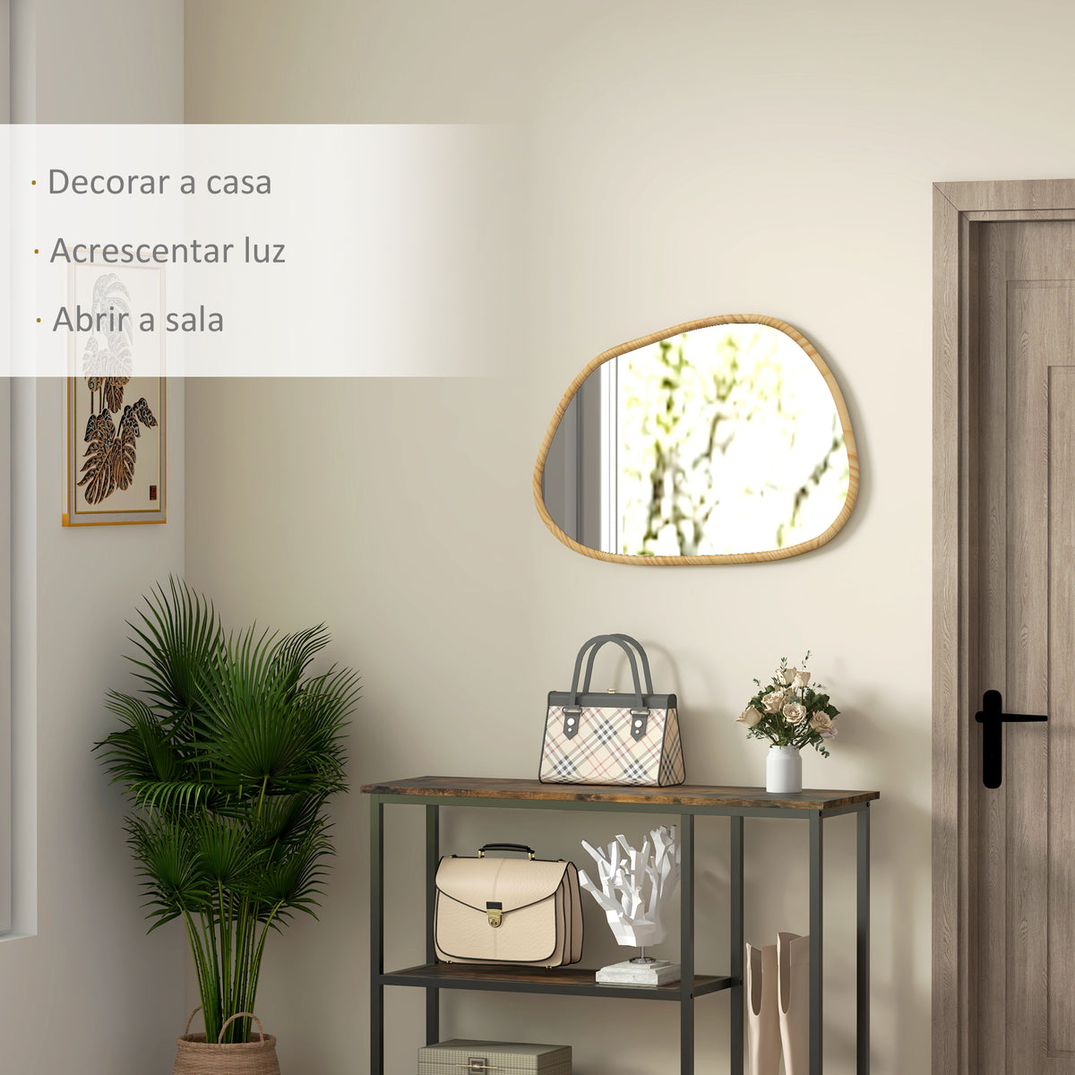Espelho de Parede Decorativo 70x50 cm Espelho de Casa de Banho com Forma Irregular e Moldura de Madeira para Sala Entrada Corredor Horizontal ou Vertical Natural — foto 4