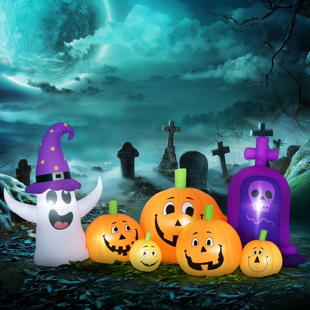 Abóbora Insuflável de Halloween com Fantasma e Lápida Decoração de Halloween com Luzes LED IP44 e Insuflador para Jardim Festas Exterior 240x130x130 cm Multicolor — foto 2